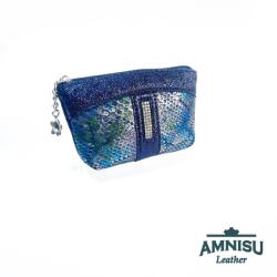 Amnisu Metál sötétkék - kígyómintás egy cipzáras egyenes swarovski köves bőr kulcstartó E6008