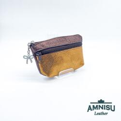 Amnisu Sötétbarna - arany mintás kettő cipzáras bőr kulcstartó B9001