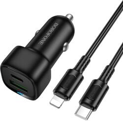BOROFONE autós töltő BZ34B Cloud - USB + Type C - QC 3.0 PD 38W Type C - Lightning kábellel fekete