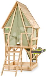 EXIT Toys Căsuță și cort pe piloni din lemn de chiparos Yuki 550 Playhouse Exit Toys cu tobogan, bucătărie și nisipar (ET50540550) Casuta pentru copii