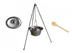 Perfect Home Vastagfalu rozsdamentes bogrács szett 15 literes, 1, 2 m állvánnyal, 50 cm fakanállal, fedővel (13956/71053/19109/11243)