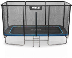 Neo-Sport Kerti trambulin, Neo-Sport, fekete/fekete, 427 × 305 cm, téglalap alakú, magasság: 90 cm, 180 cm külső védőháló, létra, acél váz, 4 dupla láb, 150 kg teherbírás, 90 db rugó, fekete oszlopok (TENS-10X1