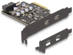 Delock PCI expressz x4 kártya - 2 x külső USB Type-C csatlakozó + 1 x belső USB 10 Gbps Type-E Key A and 1 x 19 pin USB pin header male - alacsony profilú formatényező (90345) (90345)