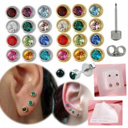  24 pár születéskő fülbevaló szett, 304-es orvosi acél, 3mm 4mm-es méretben (R213W i R213Y)