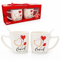  Set 2 cani 300 ml in cutie cadou, forma inimioara, mesaj LOVE, cu lingurite incluse, JollyMag, KB24 (ESELL-W-jolly_KB24)