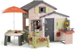 Smoby Házikó Jóbarátok homokozóval a napernyő alatt Friends Evo Playhouse Life Smoby teljes ajtóval UV védelemmel és tovább bővíthető (SM810302-U)