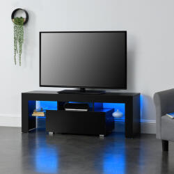 [en. casa] Comoda TV LED Grimsey neagra cu sertar si rafturi din sticla, 130 cm (69638642)