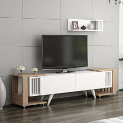 [en. casa] Comoda TV cu raft si 2 mese laterale mobile Glostrup, alb si stejar (81201701)