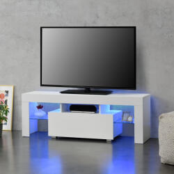 [en. casa] Comoda TV LED Grimsey alba cu sertar si rafturi din sticla 130 cm (69638641)