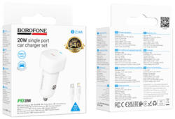 BOROFONE BZ34A, Szivargyújtós töltő, PD 20W 1x USB-C + Type-C - Lightning kábel, fehér (GYORS TÖLTÉS)