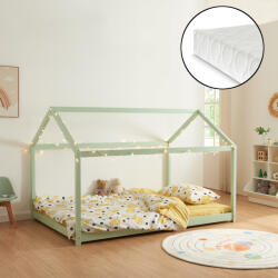 [en. casa] Pat copii tip casuta Cerro cu saltea 140x200 cm, verde menta (85852409)