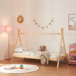 [en. casa] Pat copii tipi 90x200 cm din lemn de pin natur, cu somiera (84240870)