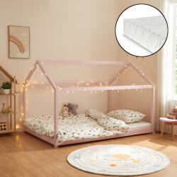 [en. casa] Pat copii tip casuta roz 120x200 cm cu saltea inclusa, din lemn (85852406)