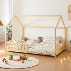 [en. casa] Pat copii tip casuta 140x200 cm din lemn natur, cu protectie anti-cadere (84417885)