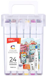 Deli Markere sketching cu 2 capete 1 mm/7 mm, DELI Color Emotion 70801, 24 culori/set