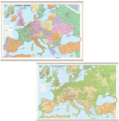  Harta de perete cu 2 fete, Europa fizica, politica si rutiera, plastifiata 140x100 cm