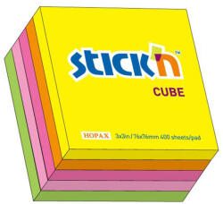 STICK'N Cub notite autoadezive 76x76 mm, 400 file neon, STICK'N rainbow
