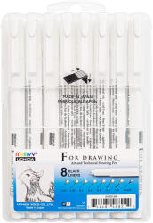 MARVY Liner negru pentru desen 0.03 mm - 1 mm + varf pensula, 8 buc/set, MARVY