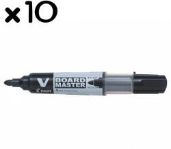 Pilot Set 10 markere whiteboard reincarcabile, varf rotund, PILOT Vboard Master M + 10 rezerve negru