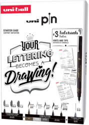 uni Liner varf 0.1-1.0 mm plus pensula, UNI Pin 200 Fine Line Lettering, 9 buc/set