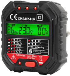 Somogyi Elektronic SMATESTER konnektor teszter, LED visszajelzők, Voltmérő, L-N, N-E, RCD mA, Fi és RCD relé ellenőrző, elem nélkül működik, max. 250 V~ aljzatokhoz (SMATESTER-)