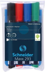 Schneider Marker SCHNEIDER Maxx 293, pentru tabla de scris+flipchart, varf tesit 2-5mm, 4 cul/set - (N, R, A, V) (S-129394) - forit