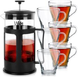 Vilde 7 Darabos Kávéprés és Pohár Készlet, Vilde, 1 L, 14x11x20, 5 Cm, 9, 5x8, 5x11 cm, Fekete, Üveg, Matt Anyag, Rozsdamentes Acél (SET617)