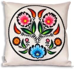 Sartrix Párnahuzat, Sartrix, népi mintás, rózsaszín virágok, 40x40cm, bézs (sartrix_5903766501420)