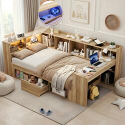 Gutent Gyerek tároló ágy, 90x200 cm, LED-del, USB-vel, íróasztallal, fiókokkal, L-alakú, fa (1001)