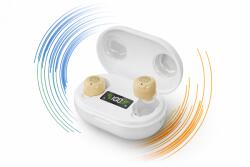  Fülbe helyezhető digitális hangosító eszköz, érintővezérléssel, kijelzős töltőtokkal, bőrszínű - MIN2001