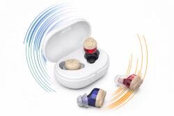  Fülbe helyezhető digitális hangosító eszköz Type-C töltőtokkal, piros-kék - MIN2008