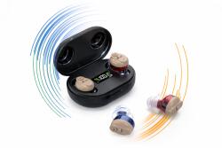  Fülbe helyezhető mini hangosító eszköz digitális kijelzővel és Type-C töltőtokkal, piros-kék - MIN2003