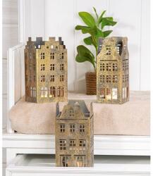  Rusztikus felületű arany színű háztömböt ábrázoló gyertya vagy mécsestartó - 18cm