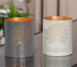  Exkluzív szürke, fehér és arany színű henger alakú fém gyertya vagy mécsestartó életfa dekorációval - 10cm