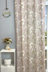 FüggönyFutár Webáruház Titanilla - Púder rózsaszín alapon barna nyomott virágmintás sablé függöny, egyedi méretre, készre varrjuk