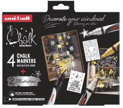 uni Marker creta lichida 1.8-2.5 mm, editie Craciun, UNI Chalk PWE-5M-4P Silver, 4 culori/set