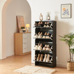 [en. casa] Pantofar Lund cu 4 usi rabatabile cu oglinda, negru, 16 perechi (88502513) Pantofar