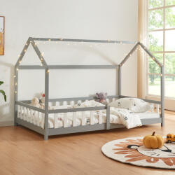 [en. casa] Pat copii tip casuta Hesel 120x200 cm cu protectie anti-cadere, gri (86098796)