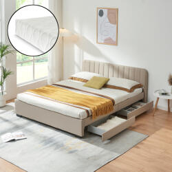 [en. casa] Pat tapitat Nofrenna 160x200 cm bej cu saltea si 4 sertare (90476234)