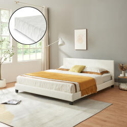 Corium Pat tapitat Albacete cu saltea, piele ecologica, 160x200 cm, alb (48983377)