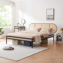 [en. casa] Pat metalic 160x200 cm cu tablie ovala aspect rattan, negru (88847717)