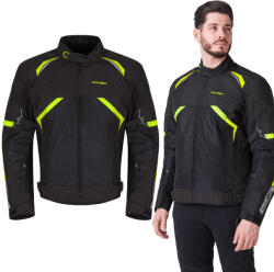  Nyári motoros kabát W-TEC Timuco, szellőzőpanelek, rugalmas panelek, fényvisszaverő elemek, tépőzáras pántok fekete-fluo M