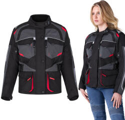  Női motoros kabát W-TEC Radana, Visionight fényvisszaverő elemek, intelligens tárolórendszer, AirVent rendszer, rugalmas bordázott panelek fekete-szürke-piros XXL