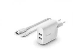 Belkin BoostCharge 2xUSB-A hálózti töltő 24W + Lightning - USB-A kábel fehér (WCD001vf1MWH) (WCD001vf1MWH)