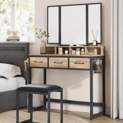 Brius Masuta toaleta 3 sertare oglinda tripla taburet lemn otel, 90x40x141 cm, design rustic, maro negru (EZ-RVT004B50)