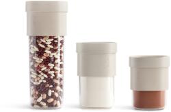 Lékué Flip Storage Food Container Set élelmiszertároló edény 3db-os szett, 1db 1, 35L- 1, 6L-es, 2db 0, 6L-0, 85L-es, Flip tartozékkal bővíthető - 2 kapacitással, kiöntő kiegészítővel, műanyag, áttetsző/béz