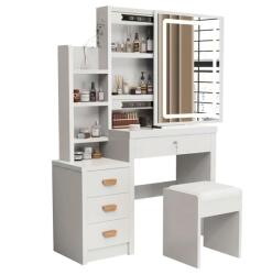 INLEA Fésülködőasztal ESTILLA ülőkével, 4 fiókkal, LED szalagos világítással - fehér (IN15-0002) - inlea