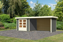 Karibu Askola 3.5 Lapostetős kerti ház, kerti tároló, oldal- és hátfallal rendelkező bővítménnyel/terasszal, terra szürke színű fából 497 cm x 246 cm