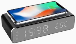 NEXTLY Digitális óra ébresztő és hőmérséklet érzékelővel, NEXTLY, vezeték nélküli töltő funkció telefonhoz, univerzális kompatibilitás, tükör típusú képernyő, fekete (ceasincarcare)
