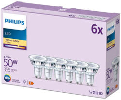 Philips GU10 LED Classic, 4, 6 W, 1521 lm, melegfehér fényű - 50 W izzó helyett, 6db/csomag (929001215237)